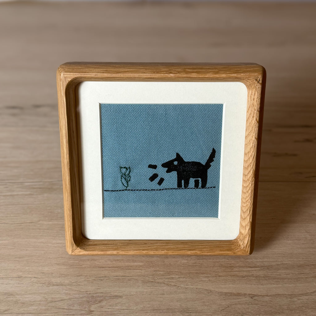 Hand Stitched Flower and Linocut Dog Print