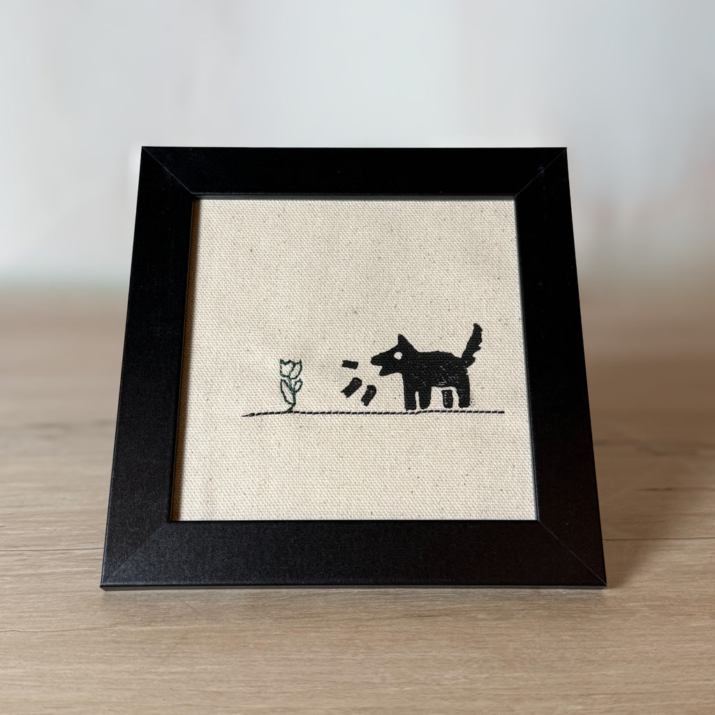 Hand Stitched Flower and Linocut Dog Print