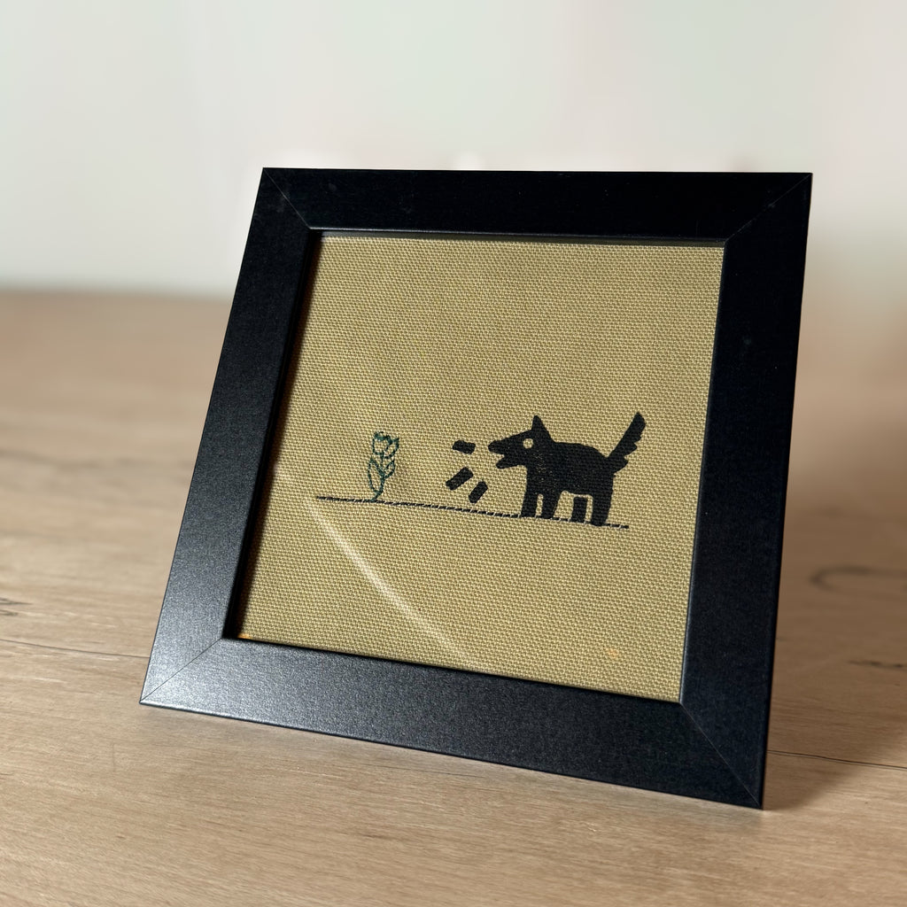 Hand Stitched Flower and Linocut Dog Print