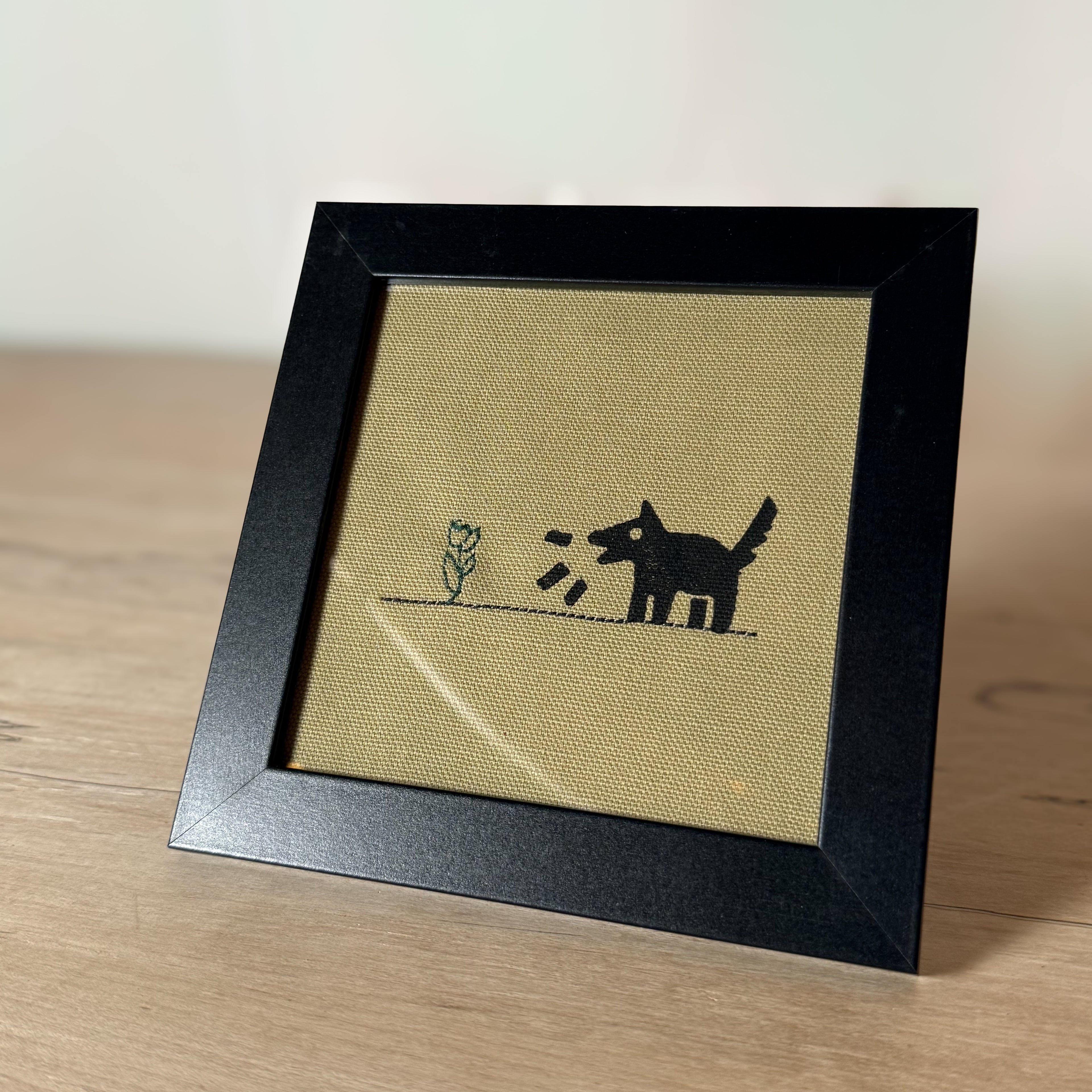 Hand Stitched Flower and Linocut Dog Print